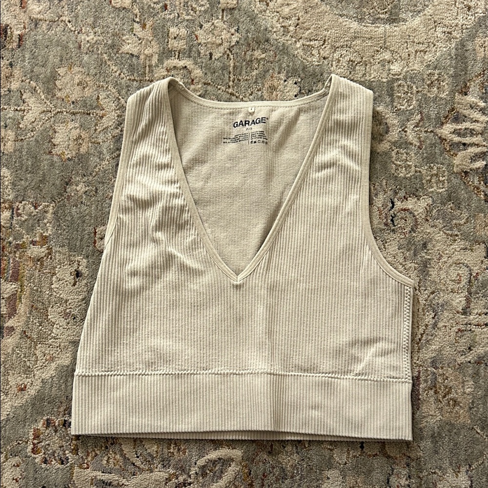 Garage Beige Ribbed V-Neck Tank Top